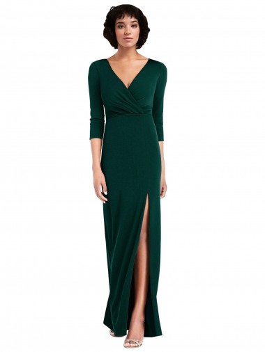 Long Sleeves V-Neck Spandex Dark Green Long Formal Evening Gown / Prom Dress / Bridesmaid Dress Bath