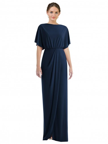 Short Sleeves Bateau Neck Spandex Dark Navy Long Semi Formal Evening Dress / Prom Dress / Bridesmaid Dress Bath
