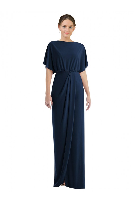 Short Sleeves Bateau Neck Spandex Dark Navy Long Semi Formal Evening Dress / Prom Dress / Bridesmaid Dress Bath