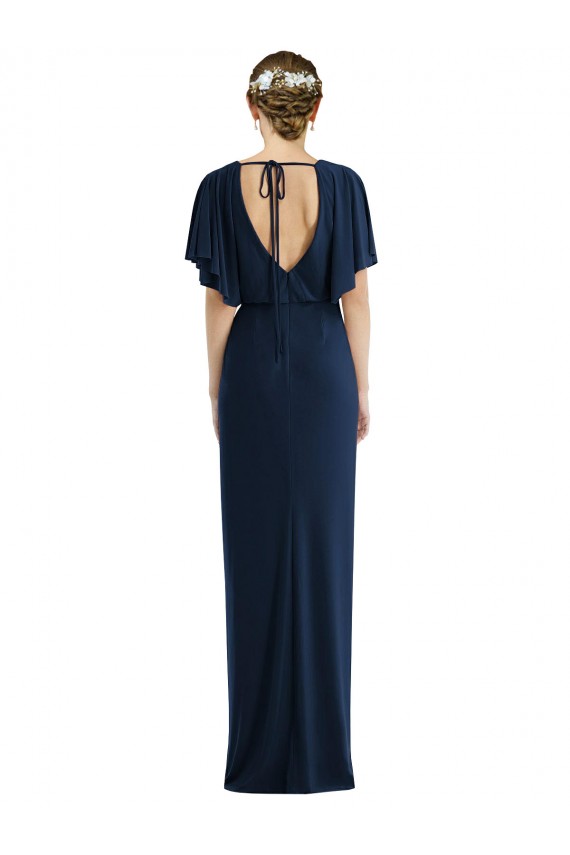 Short Sleeves Bateau Neck Spandex Dark Navy Long Semi Formal Evening Dress / Prom Dress / Bridesmaid Dress Bath