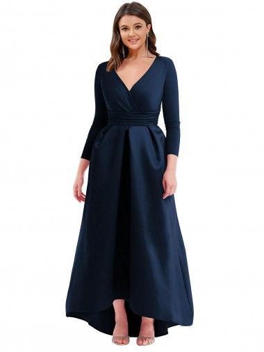 Long Sleeves V-Neck Spandex Dark Navy Long High Low Plus Size Evening Gown / Prom Dress / Bridesmaid Dress Bath
