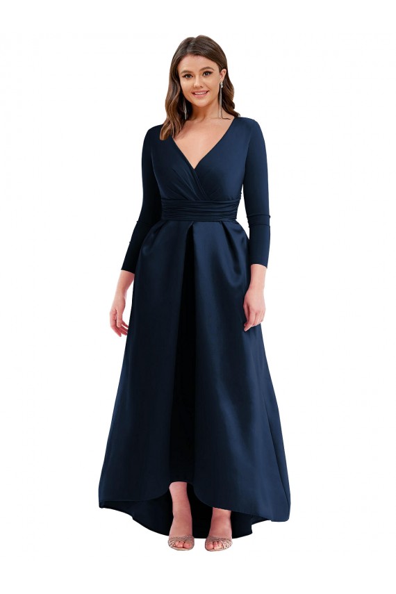 Long Sleeves V-Neck Spandex Dark Navy Long High Low Plus Size Evening Gown / Prom Dress / Bridesmaid Dress Bath