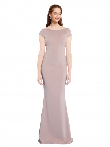 Cap Sleeves Boat Neck Stretch Crepe Dusty Pink Long Formal Evening Gown / Prom Dress / Bridesmaid Dress Bath