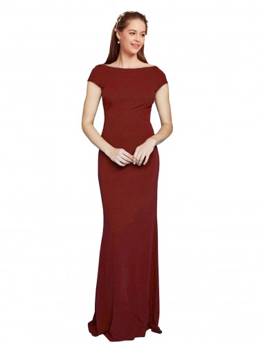 Cap Sleeves Round Neck Stretch Crepe Burgundy Long Formal Evening Gown / Prom Dress / Bridesmaid Dress Bath