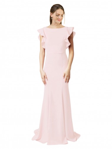 Ruffle Sleeves Jewel Neck Stretch Crepe Pink Sweep Train Black Tie Prom Dress / Bridesmaid Dress Bath
