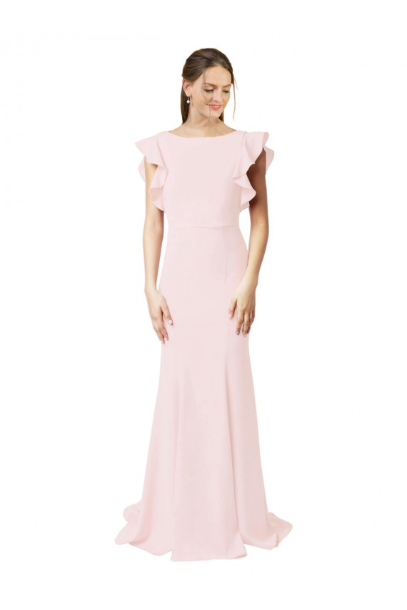 Ruffle Sleeves Jewel Neck Stretch Crepe Pink Sweep Train Black Tie Prom Dress / Bridesmaid Dress Bath