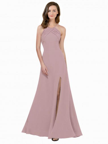 Sleeveless High Neck Stretch Crepe Dusty Pink A-Line Long Prom Dress / Bridesmaid Dress Bath