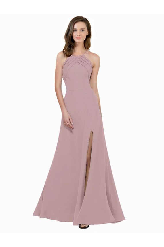 Sleeveless High Neck Stretch Crepe Dusty Pink A-Line Long Prom Dress / Bridesmaid Dress Bath