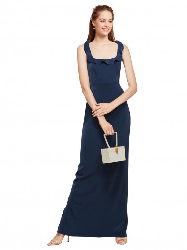 Sleeveless Scoop Neck Stretch Crepe Dark Navy Long Formal Evening Gown / Prom Dress / Bridesmaid Dress Bath