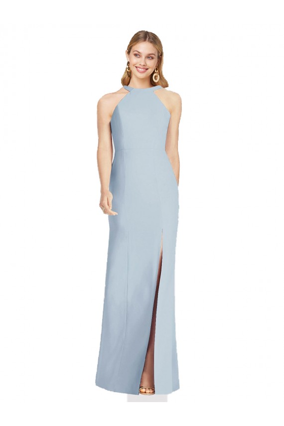Sleeveless High Neck Stretch Crepe Light Sky Blue Long Formal Evening Gown / Bridesmaid Dress Bath