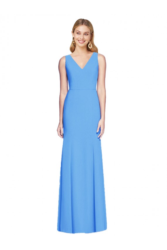 Sleeveless V-Neck Stretch Crepe Peacock Blue Long Semi Formal Evening Dress / Prom Dress / Bridesmaid Dress Bath