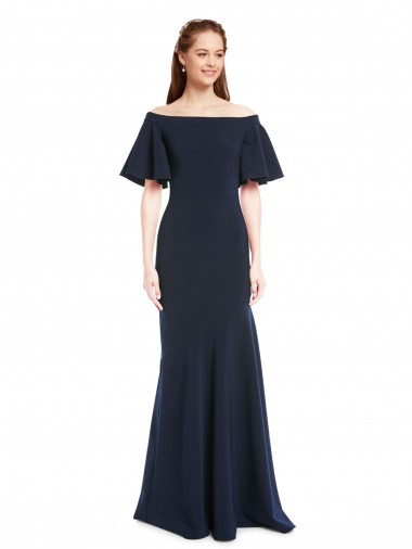 Short Sleeves Off the Shoulder Stretch Crepe Dark Navy Long Bridesmaid Dress / Formal Dress Bath