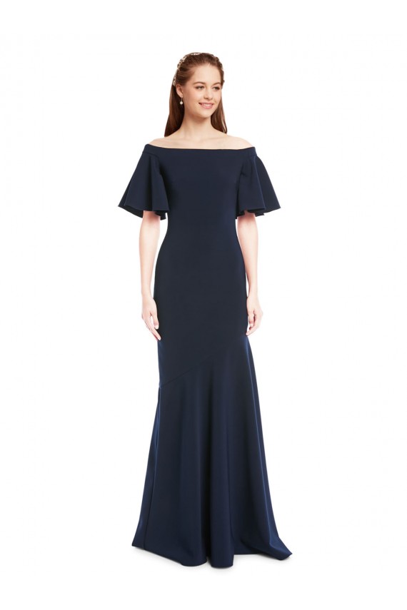 Short Sleeves Off the Shoulder Stretch Crepe Dark Navy Long Bridesmaid Dress / Formal Dress Bath