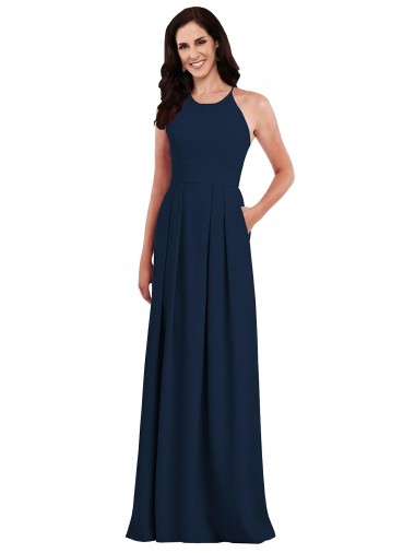 Sleeveless Halter Neck Stretch Crepe Dark Navy Long Semi Formal Evening Dress / Bridesmaid Dress Bath