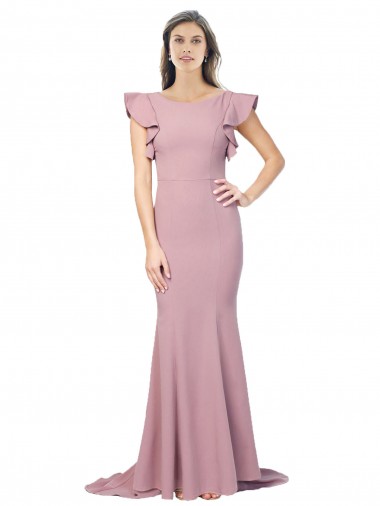 Flutter Sleeves Round Neck Stretch Crepe Dusty Pink Sweep Train Formal Evening Gown / Prom Dress / Bridesmaid Dress Bath