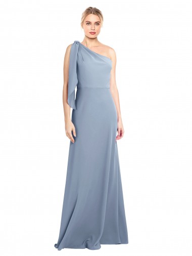 Flutter Sleeves One Shoulder Stretch Crepe Smoke Blue Long Formal Dress / Bridesmaid Dress Bath