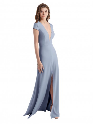 Cap Sleeves High Neck Stretch Crepe Smoke Blue Long Prom Dress / Bridesmaid Dress Bath