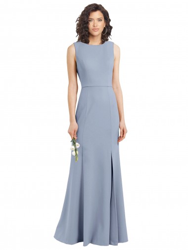 Sleeveless High Neck Stretch Crepe Smoke Blue Long Bridesmaid Dress Bath