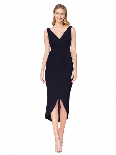 Sleeveless High Neck Stretch Crepe Dark Navy Knee Length High Low Evening Gown / Prom Dress / Bridesmaid Dress Bath