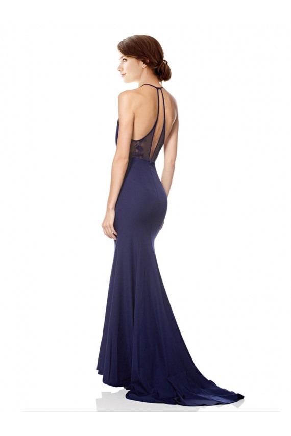 Sleeveless High Neck Stretch Crepe Navy Blue Long Bridesmaid Dress / Formal Dress Bath