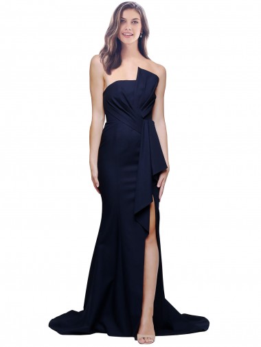 Sleeveless Strapless Stretch Crepe Dark Navy Sweep Train Semi Formal Evening Dress / Prom Dress / Bridesmaid Dress Bath