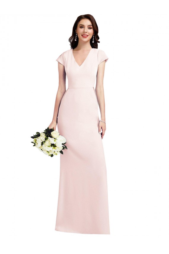 Cap Sleeves V-Neck Stretch Crepe Pink Long Formal Evening Gown / Prom Dress / Bridesmaid Dress Bath