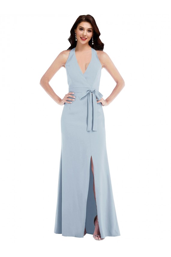 Sleeveless V-Neck Stretch Crepe Light Sky Blue Long Formal Evening Gown / Prom Dress / Bridesmaid Dress Bath