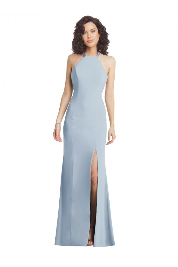 Sleeveless High Neck Stretch Crepe Light Sky Blue Long Formal Evening Gown / Prom Dress / Bridesmaid Dress Bath