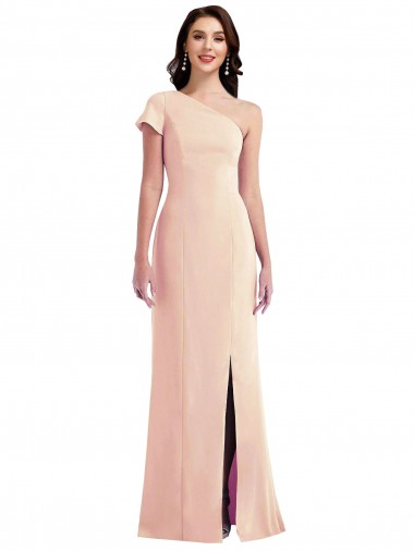 Cap Sleeves One Shoulder Stretch Crepe Nude Long Formal Evening Gown / Prom Dress / Bridesmaid Dress Bath