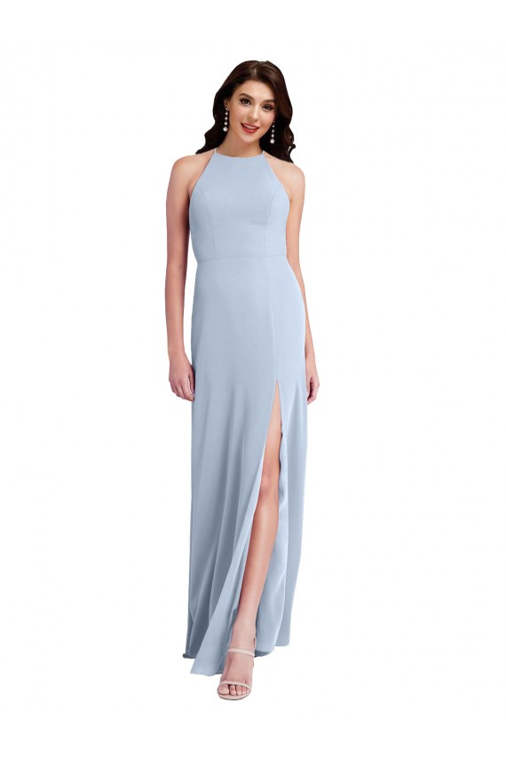 Sleeveless High Neck Stretch Crepe Light Sky Blue Sheath Long Formal Evening Gown / Prom Dress / Bridesmaid Dress Bath