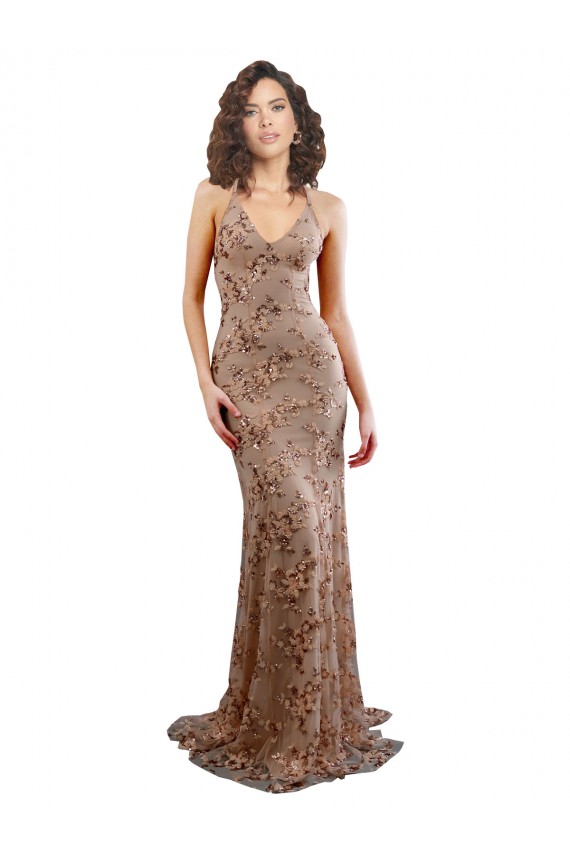 Sleeveless High Neck Stretch Crepe & Sequin Tulle Rose Gold Long Formal Evening Gown / Prom Dress / Bridesmaid Dress Bath