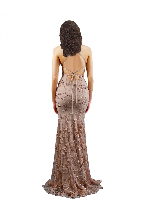 Sleeveless High Neck Stretch Crepe & Sequin Tulle Rose Gold Long Formal Evening Gown / Prom Dress / Bridesmaid Dress Bath