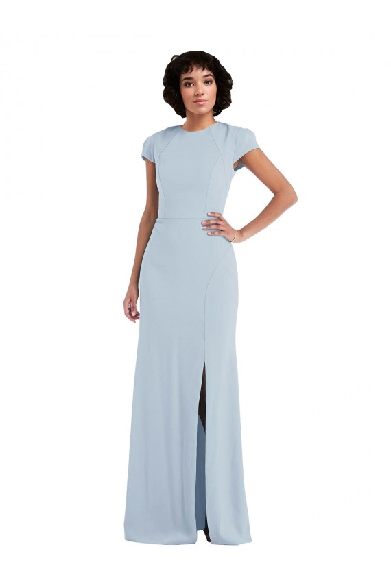 Cap Sleeves Jewel Neck Stretch Crepe Light Sky Blue Long Semi Formal Evening Dress / Bridesmaid Dress Bath