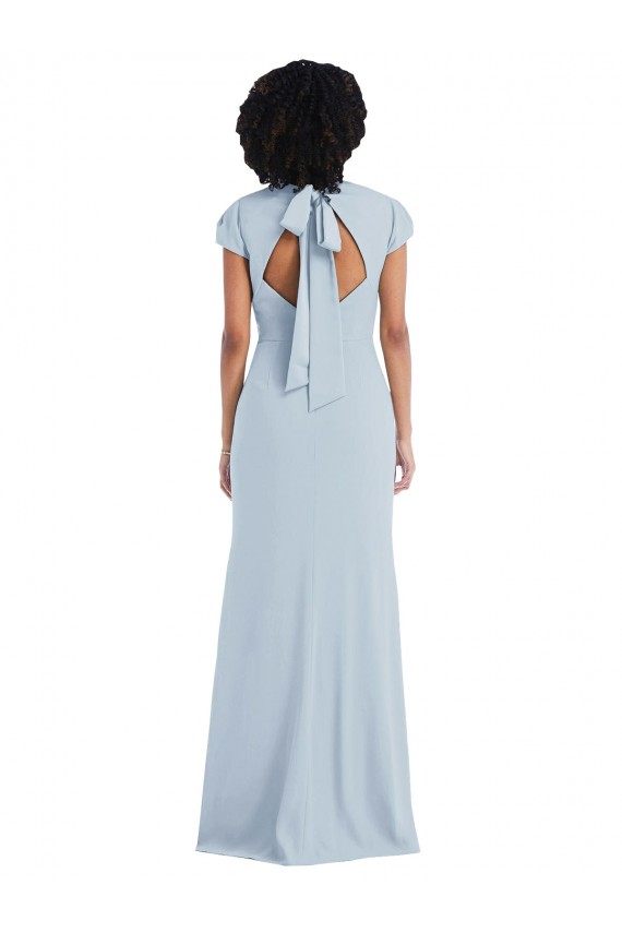 Cap Sleeves Jewel Neck Stretch Crepe Light Sky Blue Long Semi Formal Evening Dress / Bridesmaid Dress Bath