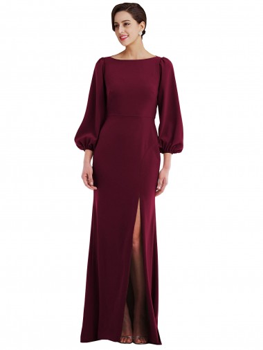 Long Sleeves Bateau Neck Stretch Crepe Burgundy Gold Long Formal Evening Gown / Prom Dress / Bridesmaid Dress Bath