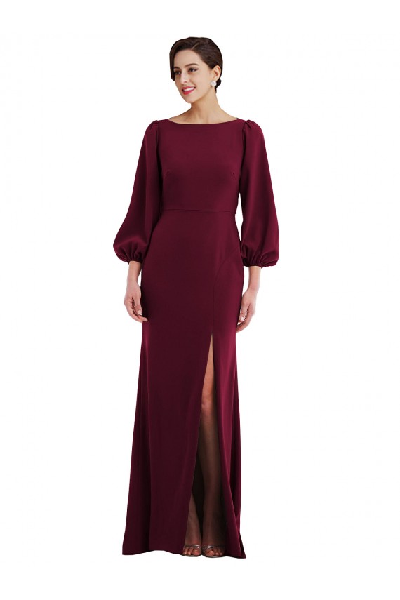 Long Sleeves Bateau Neck Stretch Crepe Burgundy Gold Long Formal Evening Gown / Prom Dress / Bridesmaid Dress Bath