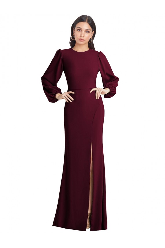 Puff Sleeves Bateau Neck Stretch Crepe Burgundy Gold Long Formal Dress / Bridesmaid Dress Bath
