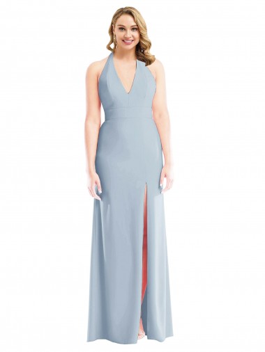 Sleeveless Halter Neck Stretch Crepe Light Sky Blue Long Bridesmaid Dress / Evening Dress Bath