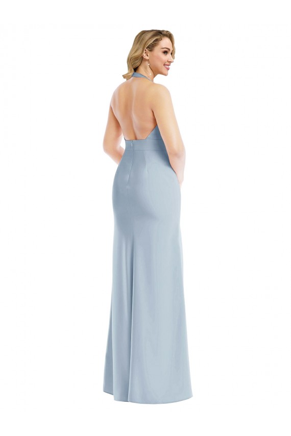 Sleeveless Halter Neck Stretch Crepe Light Sky Blue Long Bridesmaid Dress / Evening Dress Bath