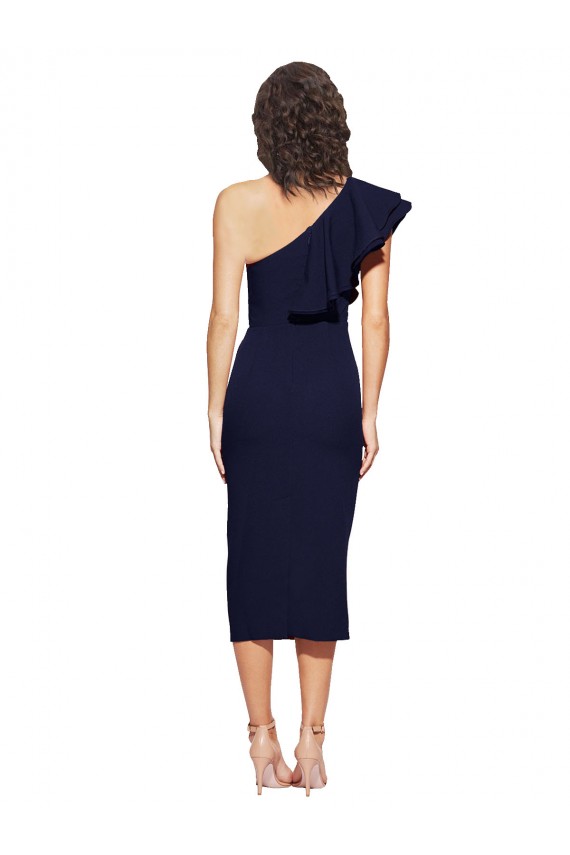 Sleeveless One Shoulder Stretch Crepe Dark Navy Midi Length Formal Evening Gown / Prom Dress / Bridesmaid Dress Bath