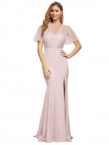 Short Sleeves Sweetheart Stretch Crepe & Tulle Mauve Long Formal Evening Gown / Prom Dress / Bridesmaid Dress Bath
