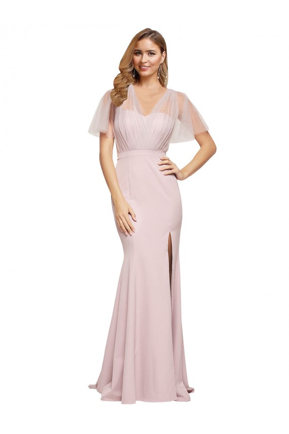 Short Sleeves Sweetheart Stretch Crepe & Tulle Mauve Long Formal Evening Gown / Prom Dress / Bridesmaid Dress Bath