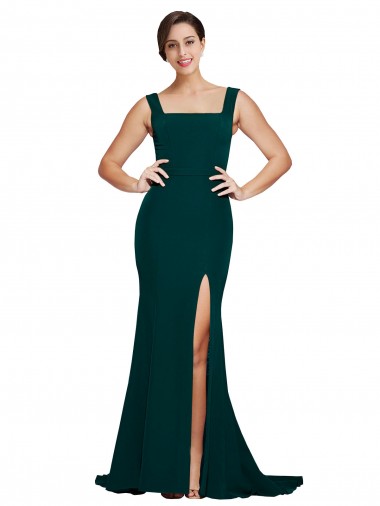 Sleeveless Square Neck Stretch Crepe Midnight Green Sweep Train Semi Formal Evening Dress / Prom Dress / Bridesmaid Dress Bath
