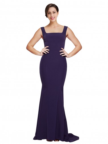 Sleeveless Square Neck Stretch Crepe Dark Navy Sweep Train Semi Formal Evening Dress / Prom Dress / Bridesmaid Dress Bath
