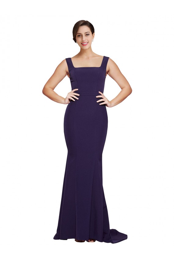 Sleeveless Square Neck Stretch Crepe Dark Navy Sweep Train Semi Formal Evening Dress / Prom Dress / Bridesmaid Dress Bath