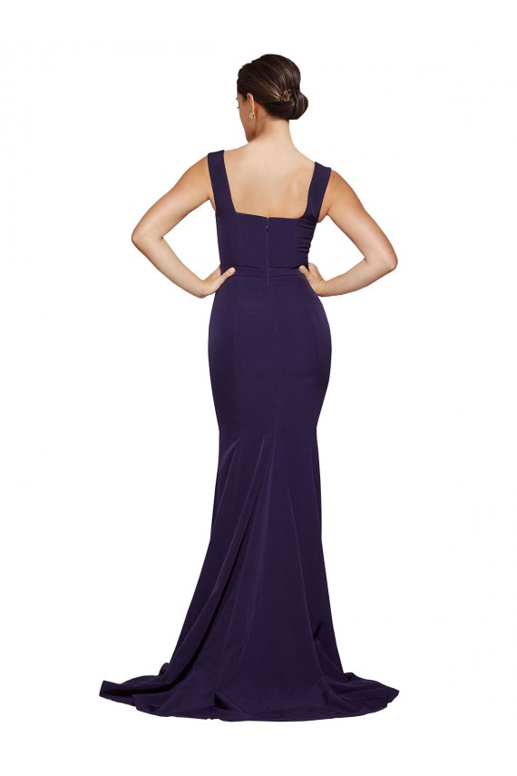 Sleeveless Square Neck Stretch Crepe Dark Navy Sweep Train Semi Formal Evening Dress / Prom Dress / Bridesmaid Dress Bath