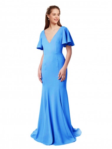 Short Sleeves V-Neck Stretch Crepe Peacock Blue Sweep Train Prom Dress / Bridesmaid Dress Bath