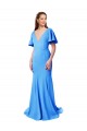 Short Sleeves V-Neck Stretch Crepe Peacock Blue Sweep Train Prom Dress / Bridesmaid Dress Bath
