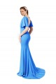 Short Sleeves V-Neck Stretch Crepe Peacock Blue Sweep Train Prom Dress / Bridesmaid Dress Bath