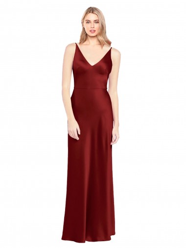 Sleeveless V-Neck Stretch Satin Burgundy Long Formal Evening Gown / Prom Dress / Bridesmaid Dress Bath